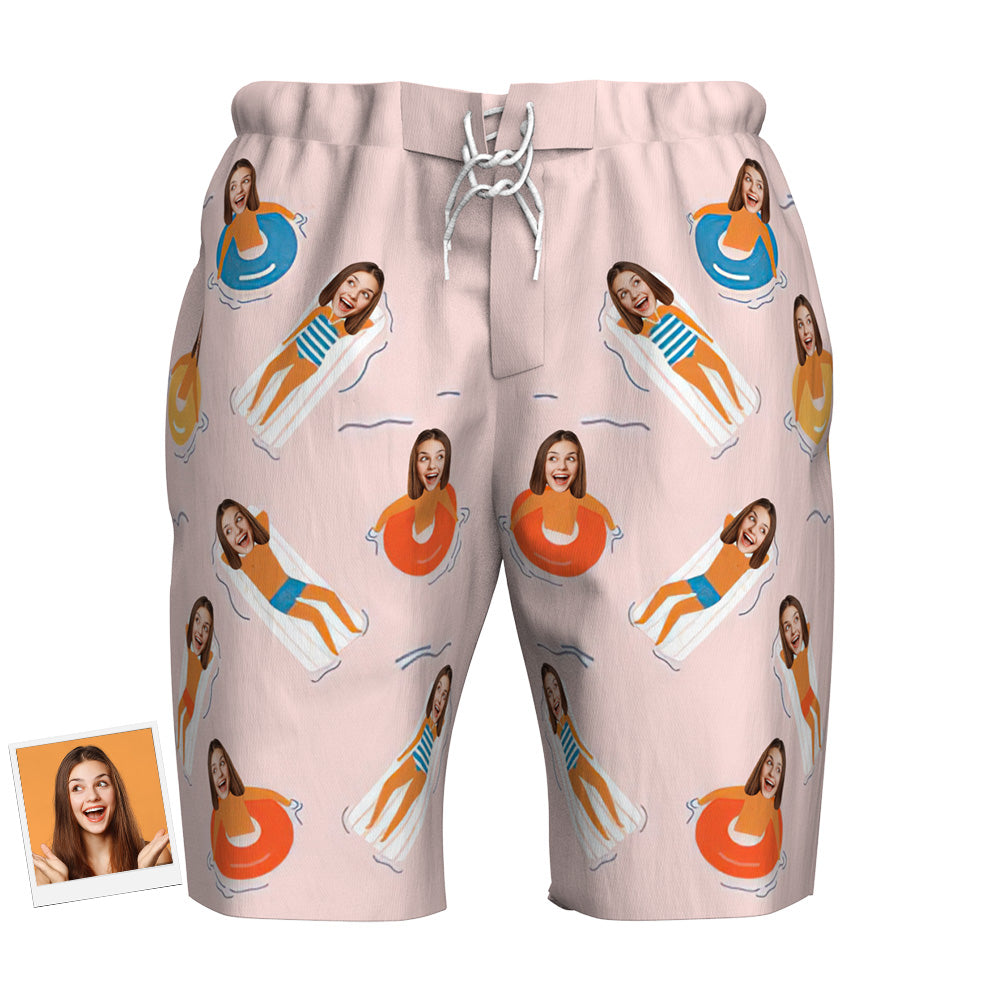 Side and rear view showing comfortable fit, elasticated waist and drawstring on custom face swim shorts — ideal personalised gifts for couples, Gifts For Men and Gifts For Women