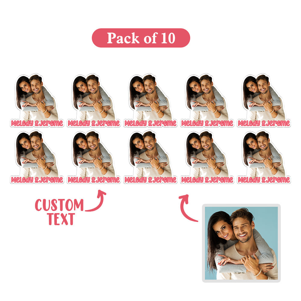 Pack of 10 personalised photo stickers on backing sheet — custom couple laptop and phone decals with vivid, high-quality paper print