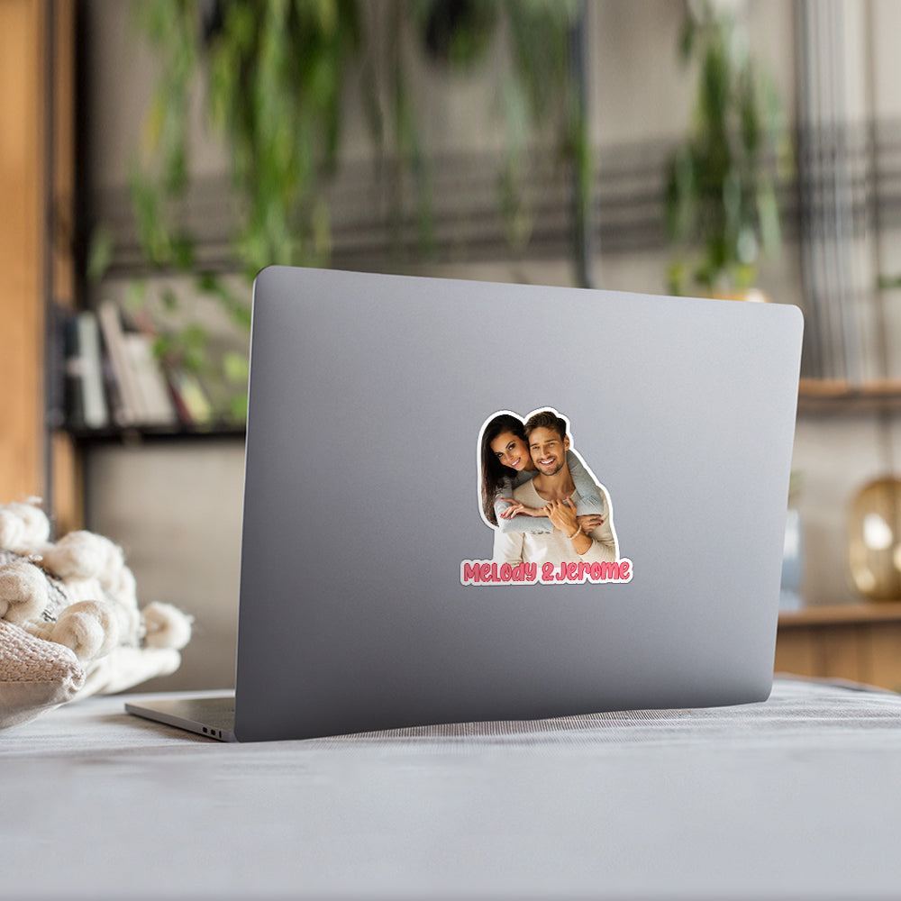Pack of 10 personalised photo stickers on backing sheet — custom couple laptop and phone decals with vivid, high-quality paper print
