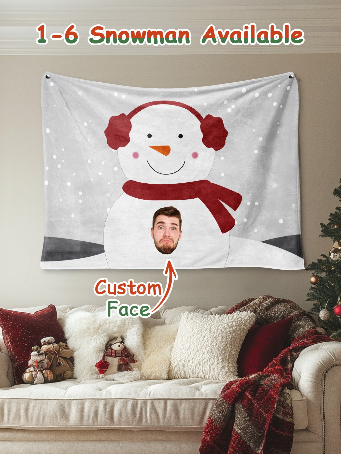 Front view of the personalised snowman tapestry with printed faces on the belly.