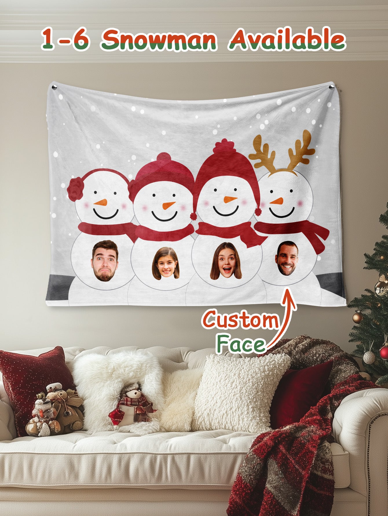 Lifestyle shot of the personalised tapestry hung as Christmas decor in a cosy living room.