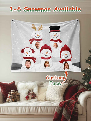 Custom Photo Tapestry – Personalized Faces Snowman Wall Hanging Blanket for Home Decor Christmas Gift