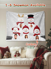 Custom Photo Tapestry – Personalized Faces Snowman Wall Hanging Blanket for Home Decor Christmas Gift