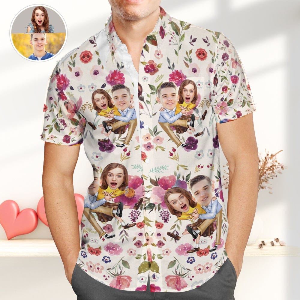 Personalised Face Hawaiian Shirt front view — blue custom Aloha shirt with repeat photo face print, vibrant colours and perfect as a personalised Valentine's Day gift