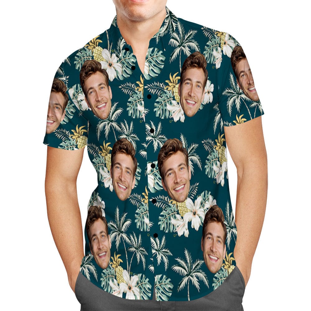 Custom Face Vintage Hawaiian Shirt — unisex personalised Hawaiian shirt front view with high-resolution face print and vintage floral design on breathable 4-way stretch polyester