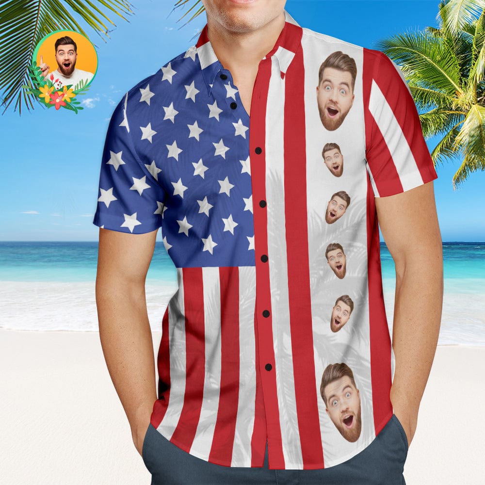 Size chart for custom men's patriotic Hawaiian shirt — chest, length and sleeve measurements to help select the correct personalised photo Hawaiian shirt size (refer to UK sizing guidance)
