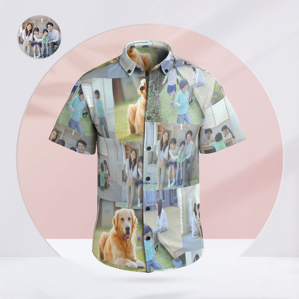 Personalised Hawaiian shirt (front) printed with up to five photos — custom photo aloha shirt in vivid colours on lightweight 95% polyester/5% spandex