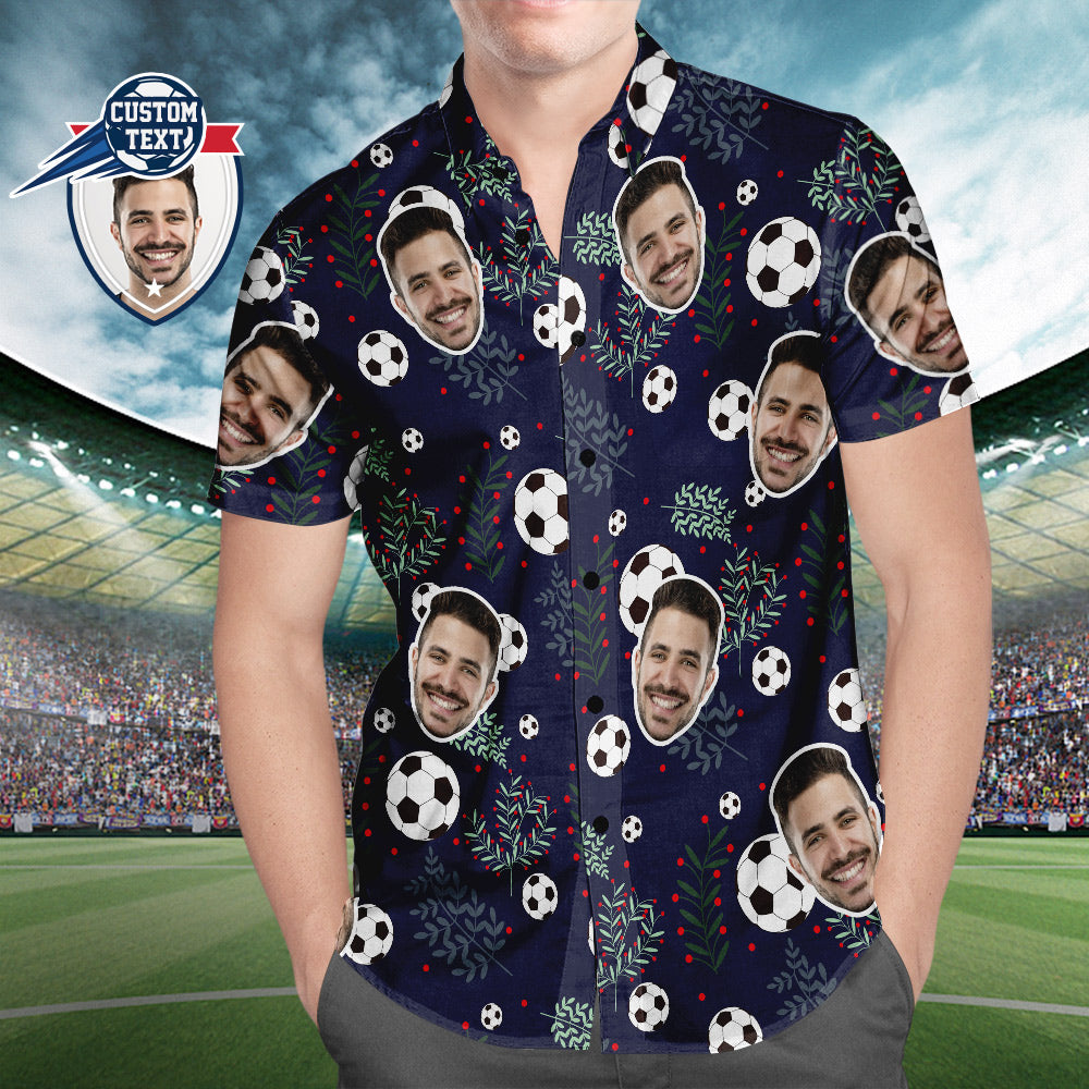 Custom Face Soccer Pattern Hawaiian shirt front view with green tropical plants beach print personalised with your photo — ideal for soccer lovers and football fans