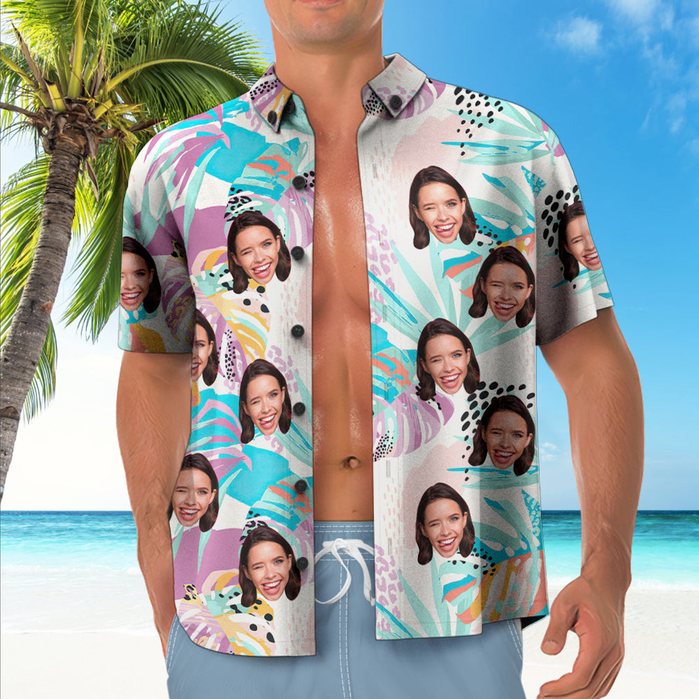Side and back view of Custom Face Tropical Shirt showing all-over personalised photo print and classic short-sleeve Hawaiian cut for casual wear