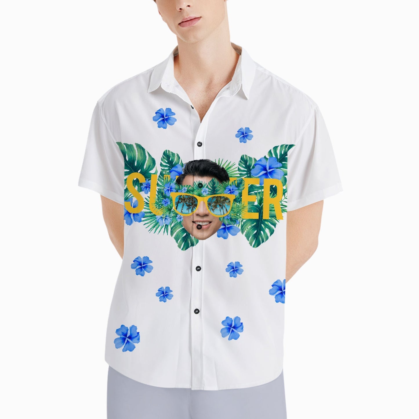 Personalised Photo Aloha Shirt close-up of custom face and glasses print on soft 4-way stretch fabric with collar and button detail