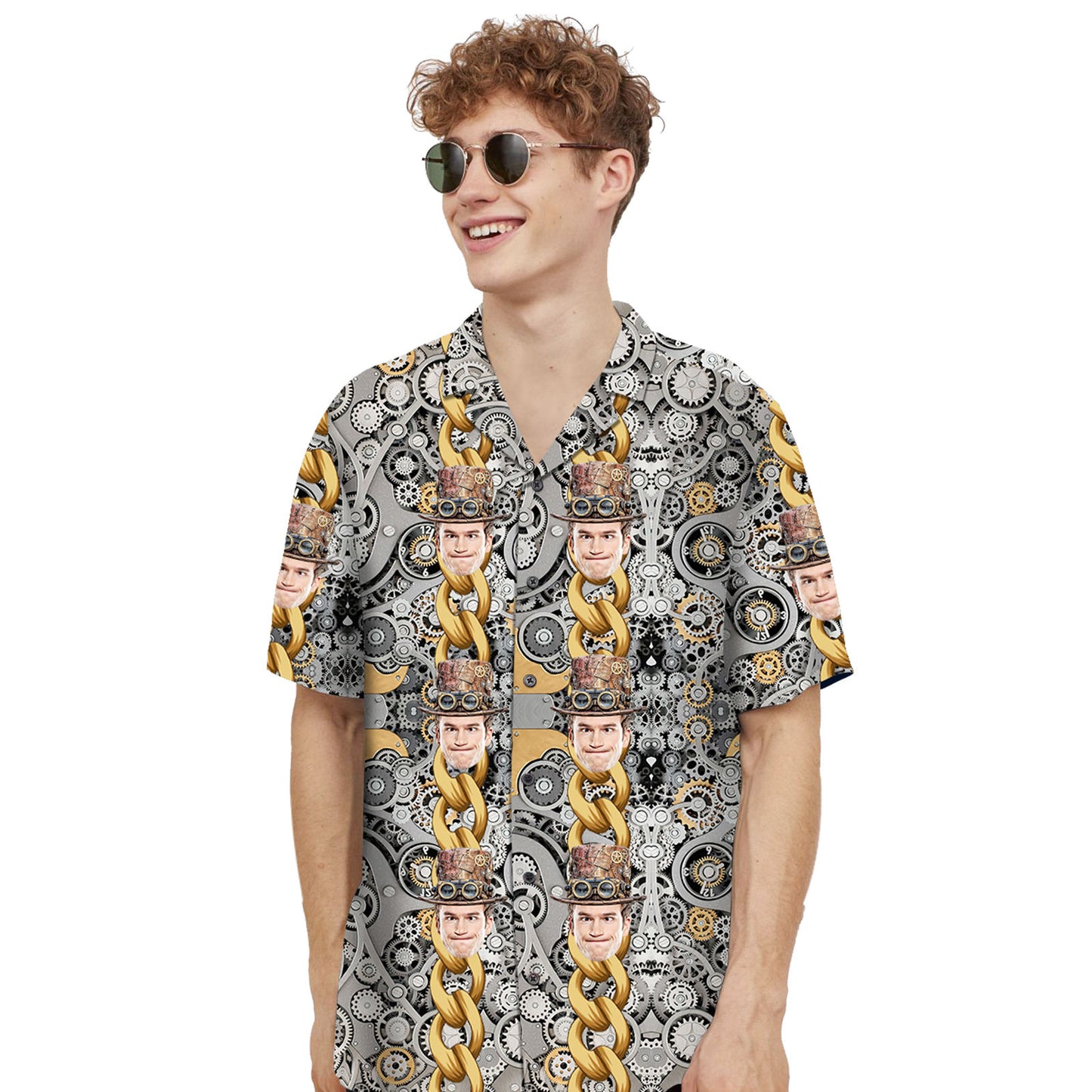 Model wearing personalised face Hawaiian shirt showing classic lapel collar, short sleeves and vibrant all-over print — men’s holiday shirt and beach party shirt, ideal personalised gift in Australia.