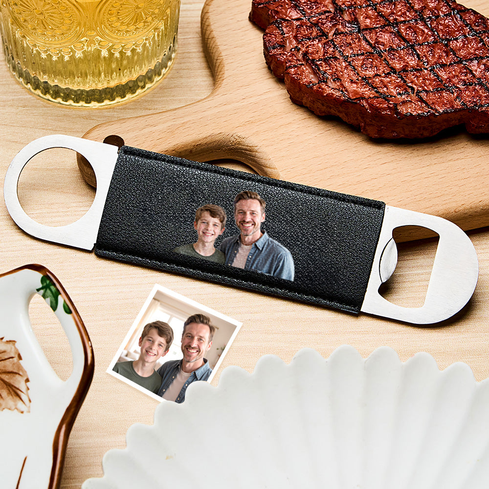 Full-view of personalised photo bottle opener with printed image on PU leather, a stylish wedding favour.