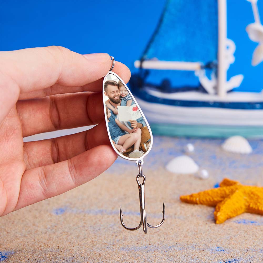 Side view of personalised engraved fishing lure showing high-detail photo engraving, custom name option and sharp treble hook with plastic cover