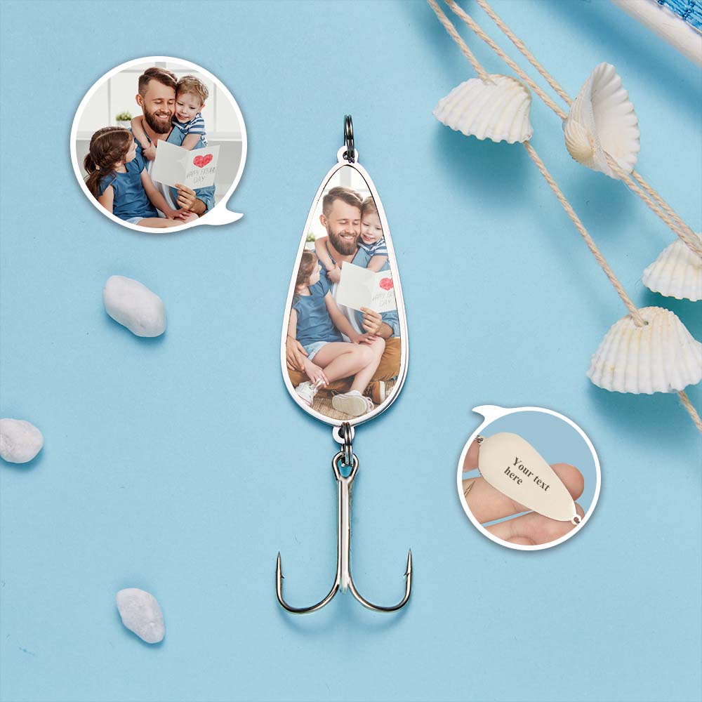 Personalised photo engraved fishing lure with custom text, close-up of engraved image and protected treble hook — perfect Father’s Day gift for anglers