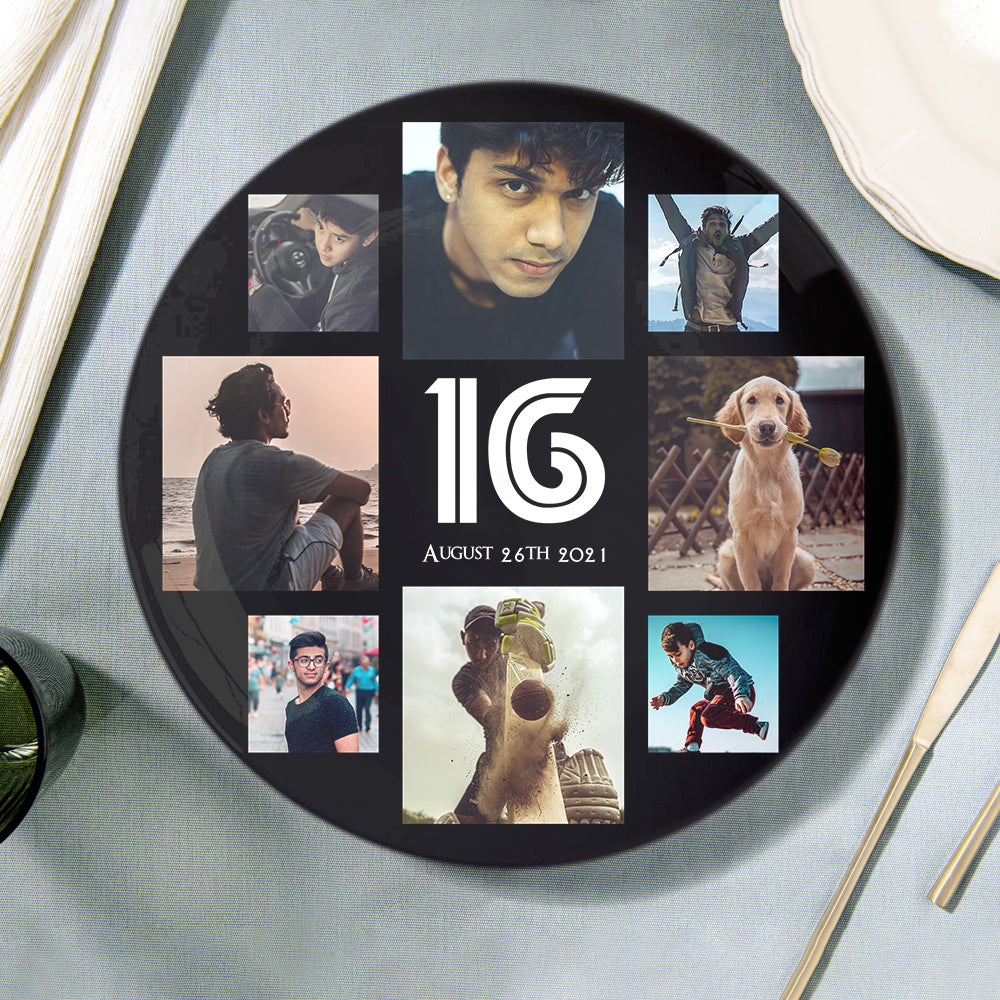 Custom Collage Photo Birthday Plate with Date & Age - Personalised Ceramic Dinner Plate