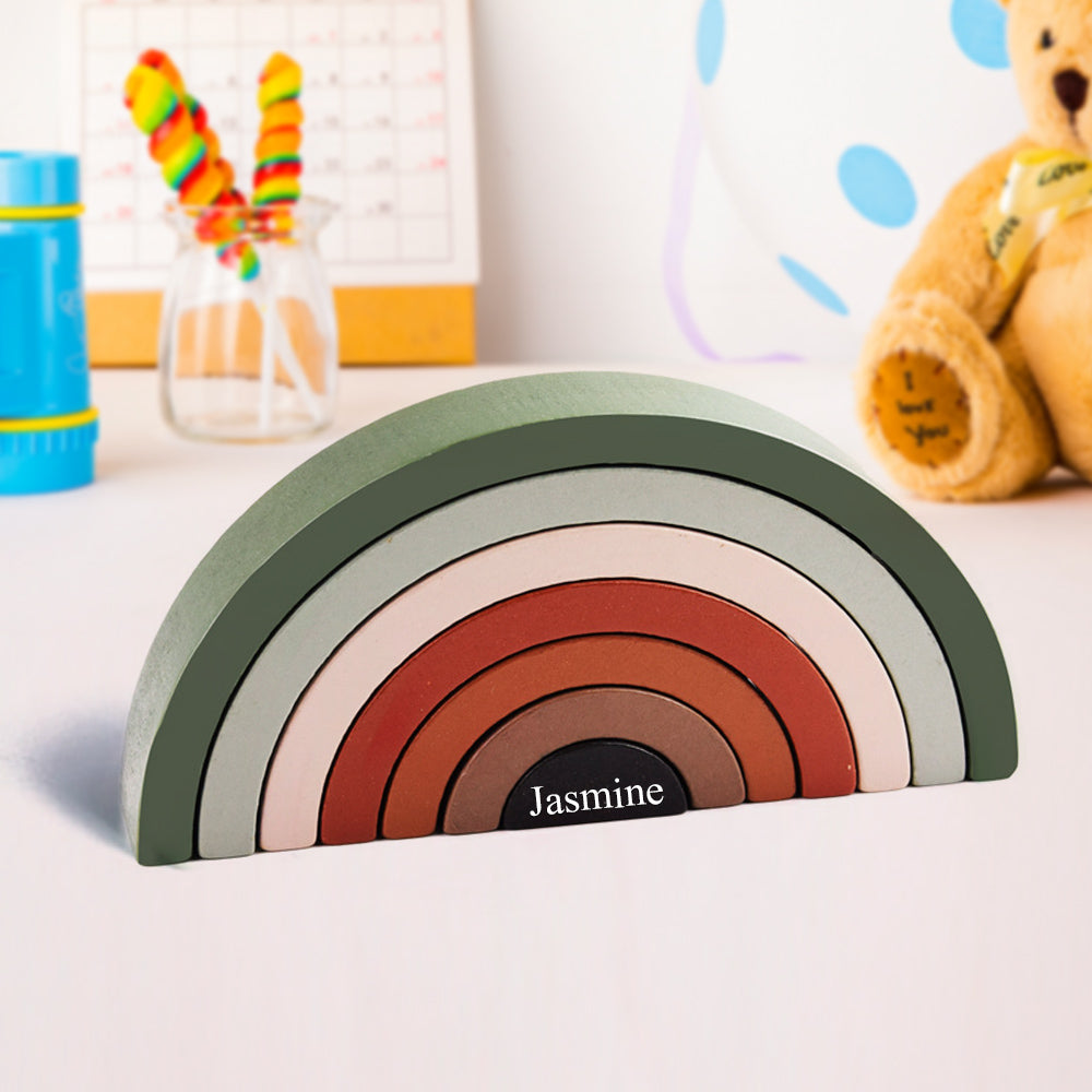 Jigsaw-style wooden nesting puzzle assembled into a tunnel – Montessori rainbow toy to encourage fine motor skills and spatial awareness