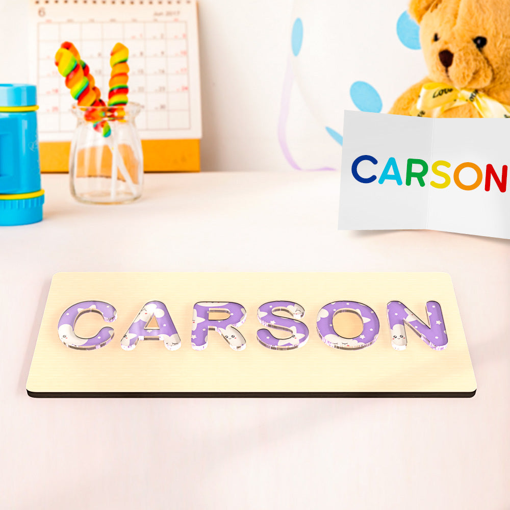 Personalised name puzzle with colourful acrylic letters on a smooth wooden base — custom Montessori baby gift