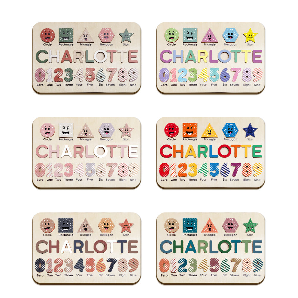 Angled view of a custom wooden name puzzle displaying a child’s personalised name on a smooth wooden board — ideal nursery keepsake and learning toy