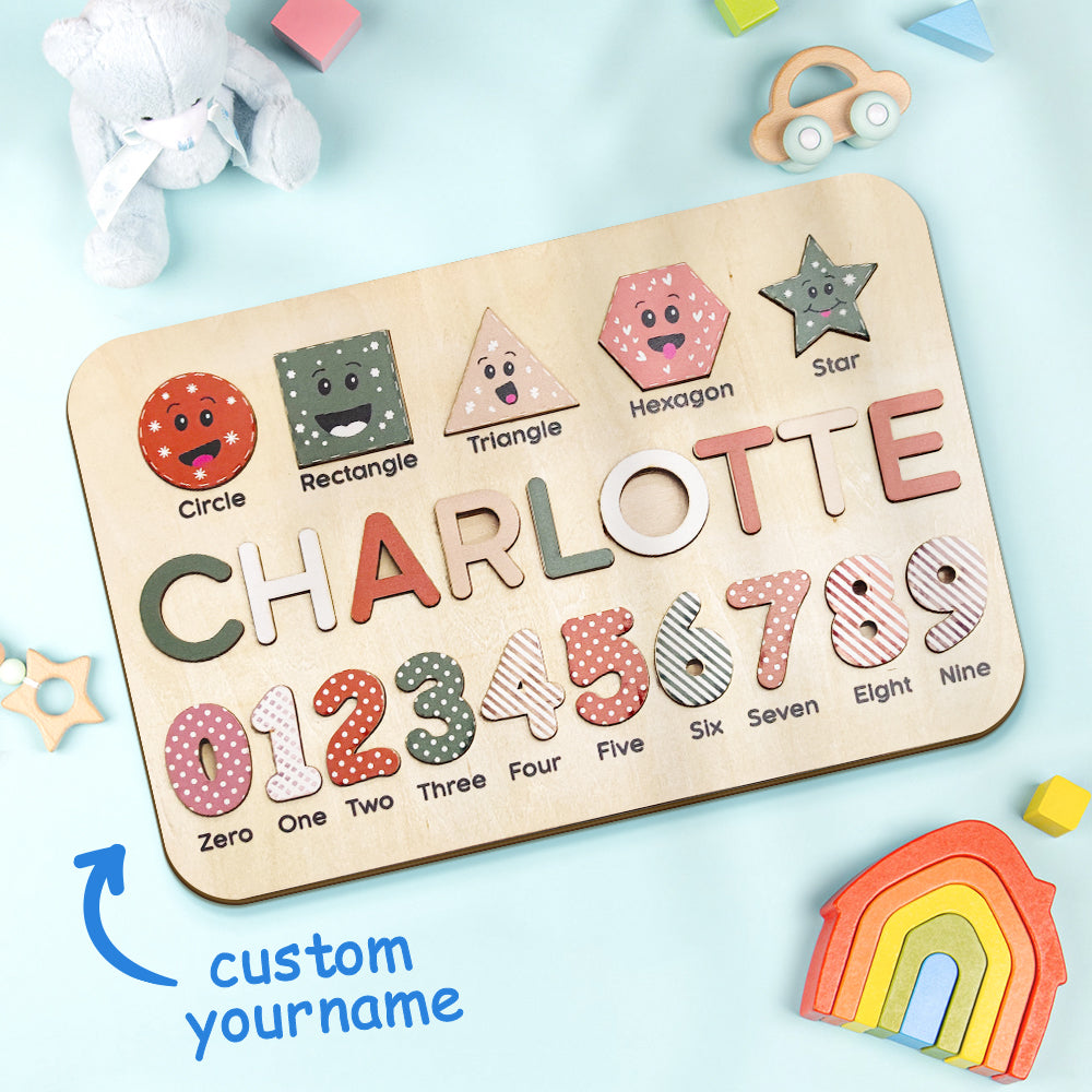 Personalised name puzzle with letters removed to show removable wooden pieces — supports early spelling, fine motor skills and colour recognition