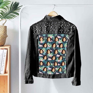 Personalized Jean Jacket with Pearl Custom Face Leaf Printing Denim Jacket Funny Gift for Her
