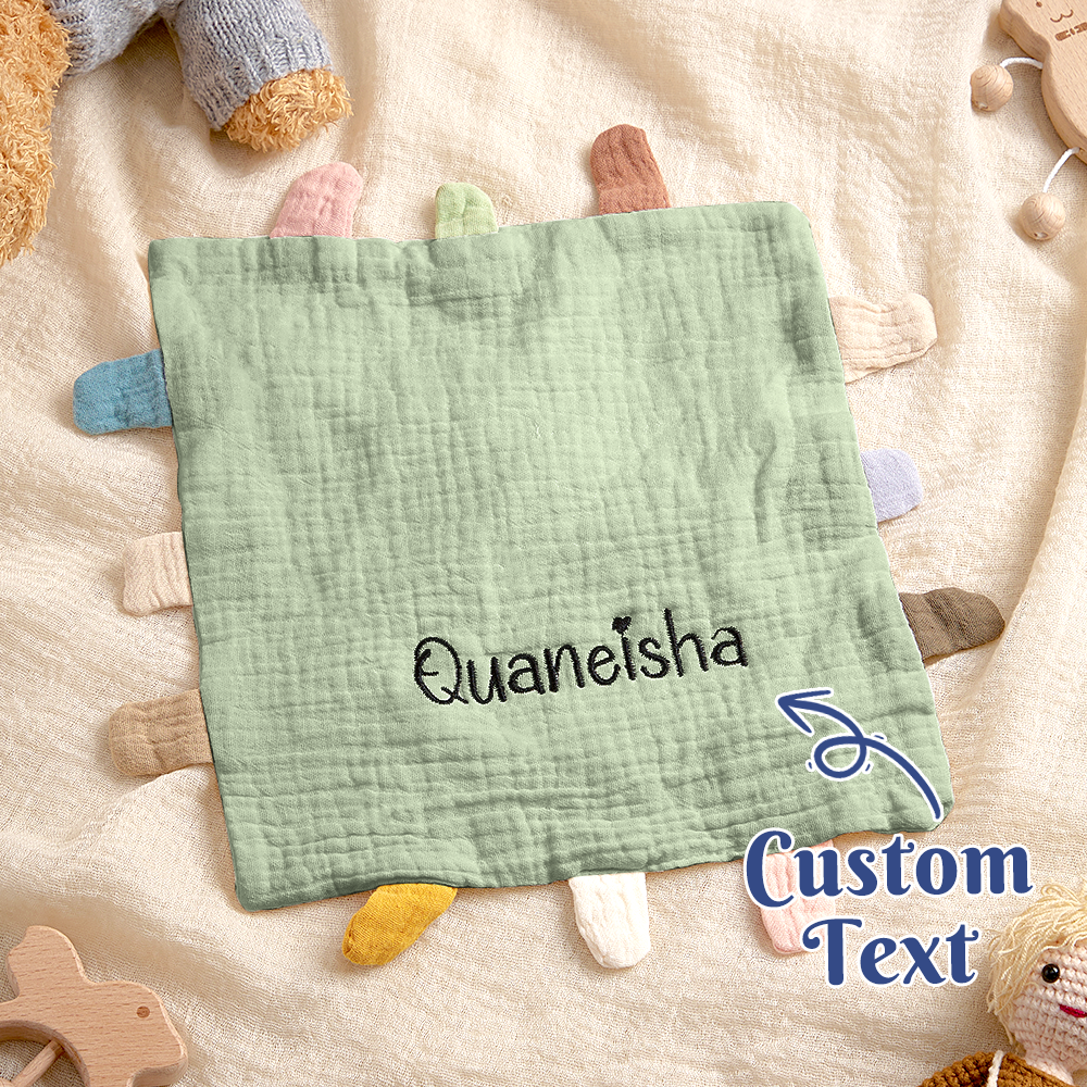 Personalised baby comfort towel variant laid flat – embroidered name on soft cotton lovey display