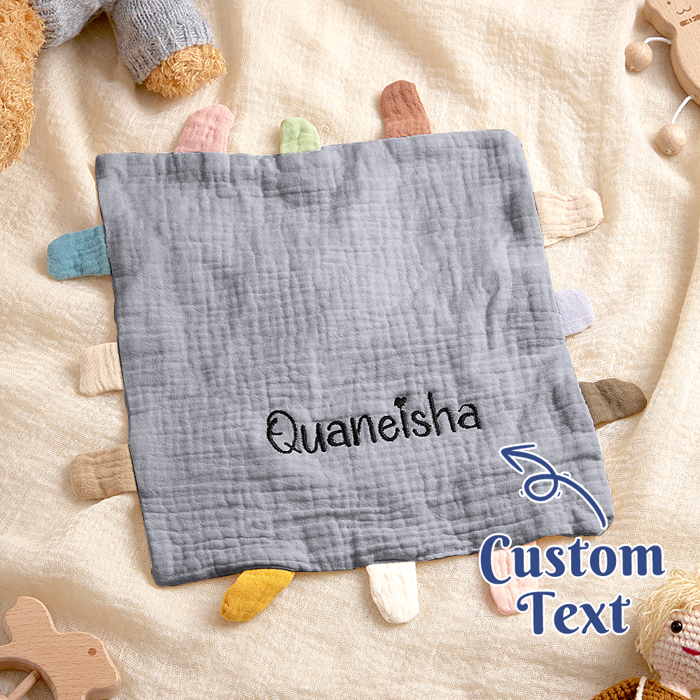 Embroidered name detail on personalised cotton lovey – machine-washable baby comfort towel, 23 x 23 cm