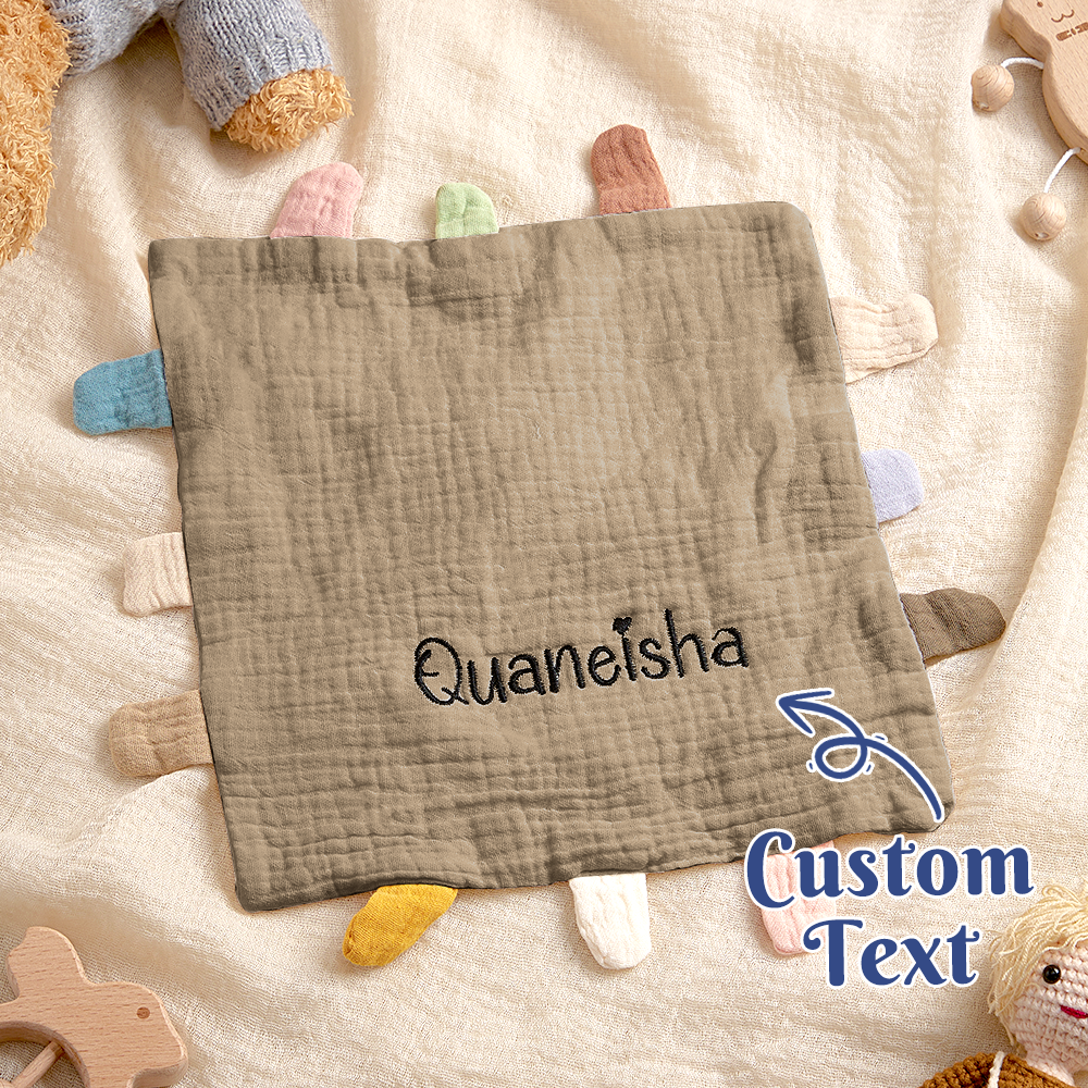 Corner knot and neat embroidery on personalised cotton lovey – secure, soft security blanket for babies and toddlers