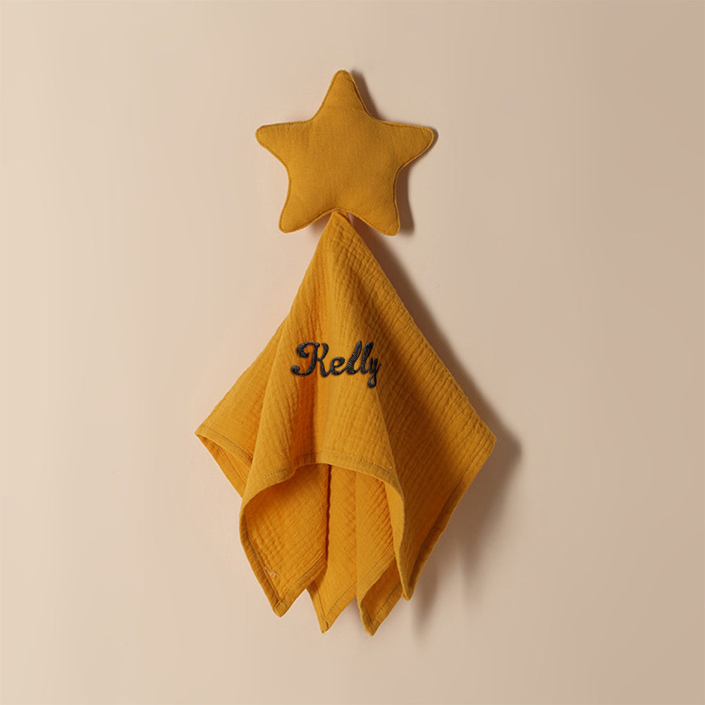 Close-up of star motif and edge stitching on personalised baby towel, 100% soft cotton comfort blanket for infants