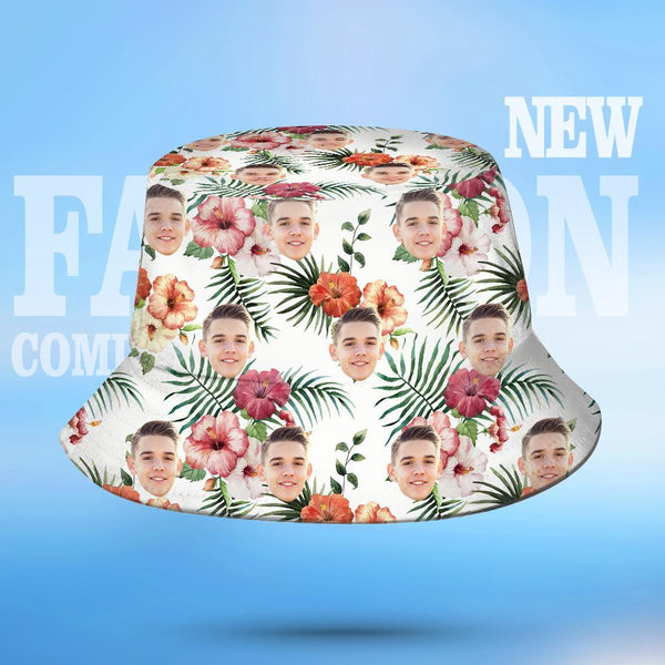 Personalised tropical flower all-over print bucket hat — custom summer sun hat perfect for beach days and personalised gifts