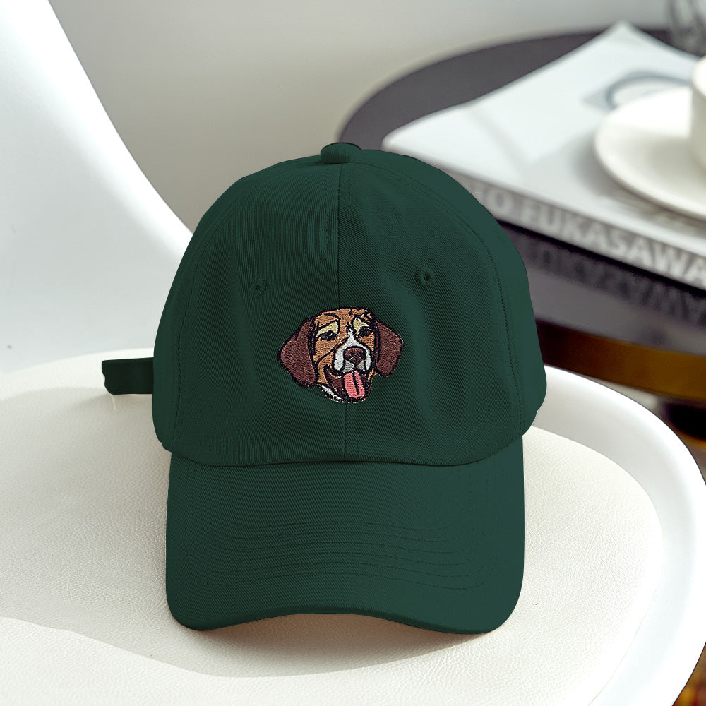 Black personalised embroidered pet hat featuring a custom cat portrait on the front, bespoke cat hat for pet lovers