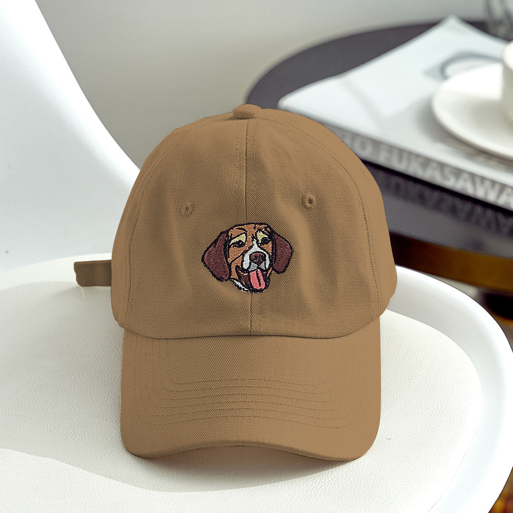 Navy cotton personalised pet hat embroidered with a pet portrait, unisex adjustable dad cap ideal for back-to-school gifts