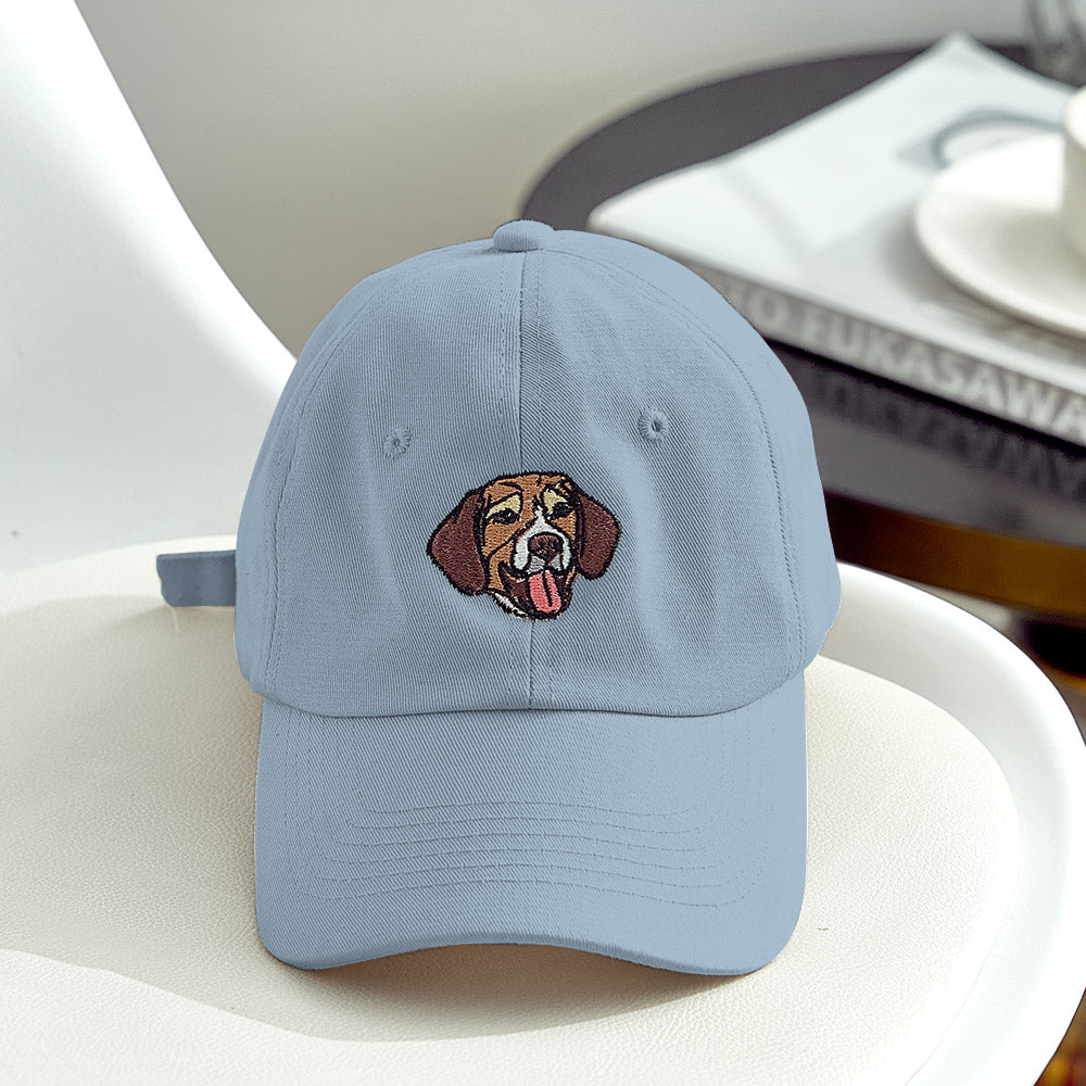 Grey custom pet photo cap showing embroidery and classic baseball cap styling, thoughtful personalised gift for men and women