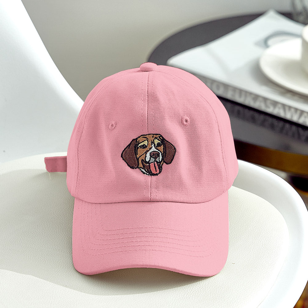 Assortment of personalised embroidered pet hats in multiple colours displaying different custom pet portrait embroidery options