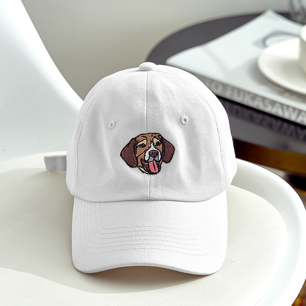 Person wearing a personalised embroidered pet hat to show fit and everyday style of the custom pet portrait cap