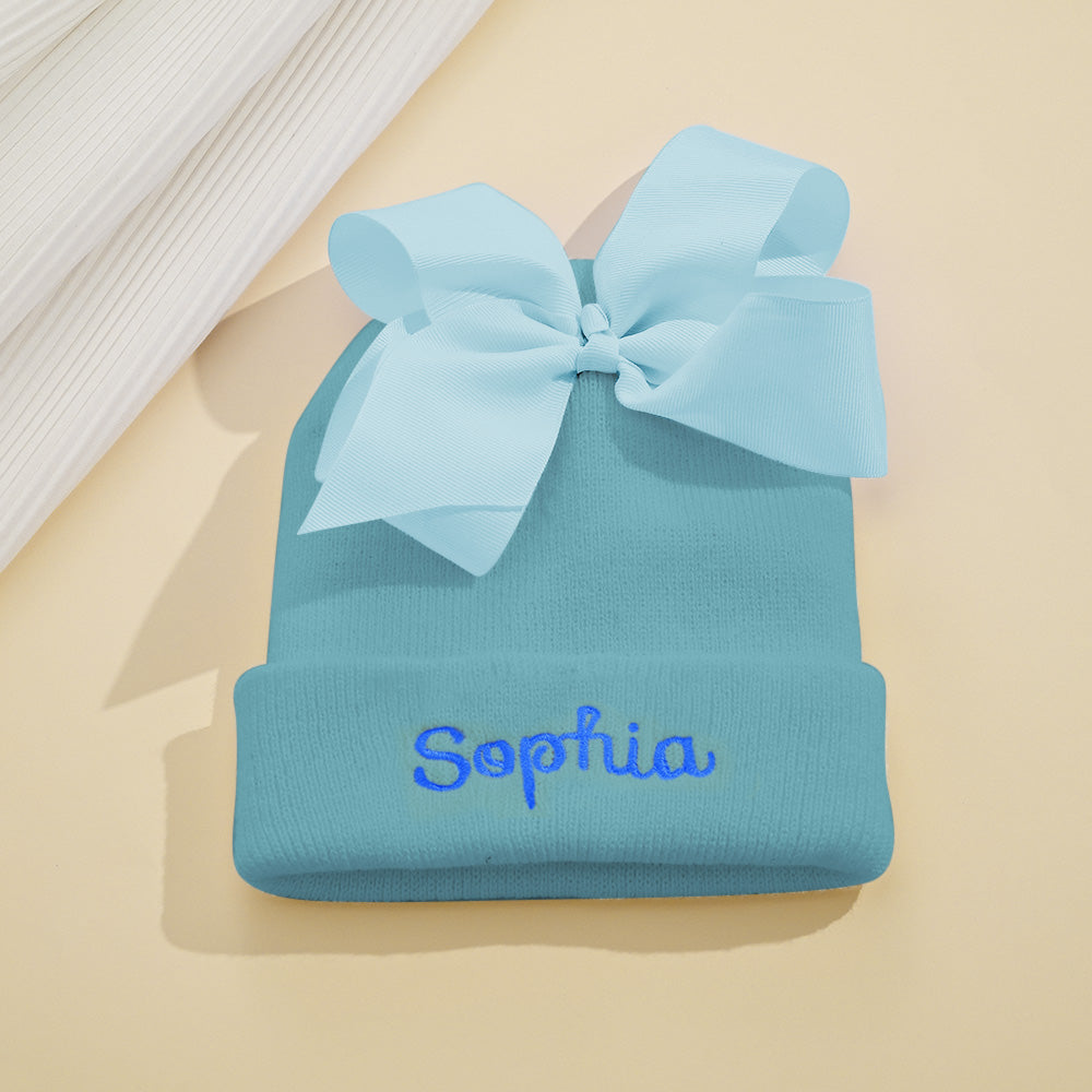 Back view of personalised baby beanie highlighting stretchy fit and high-quality knit finish (48–54 cm)