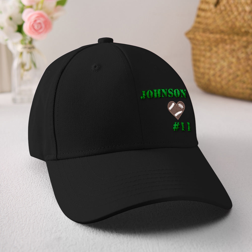 Multiple personalised football team caps lined up as teammate gifts — custom baseball hats ready for game day and events