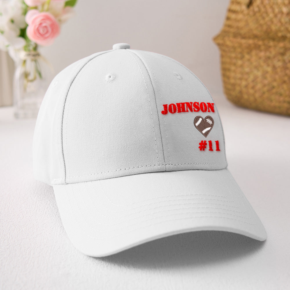 Side profile of personalised football team cap showing structured crown and embroidery — stylish custom baseball hat for training and matches