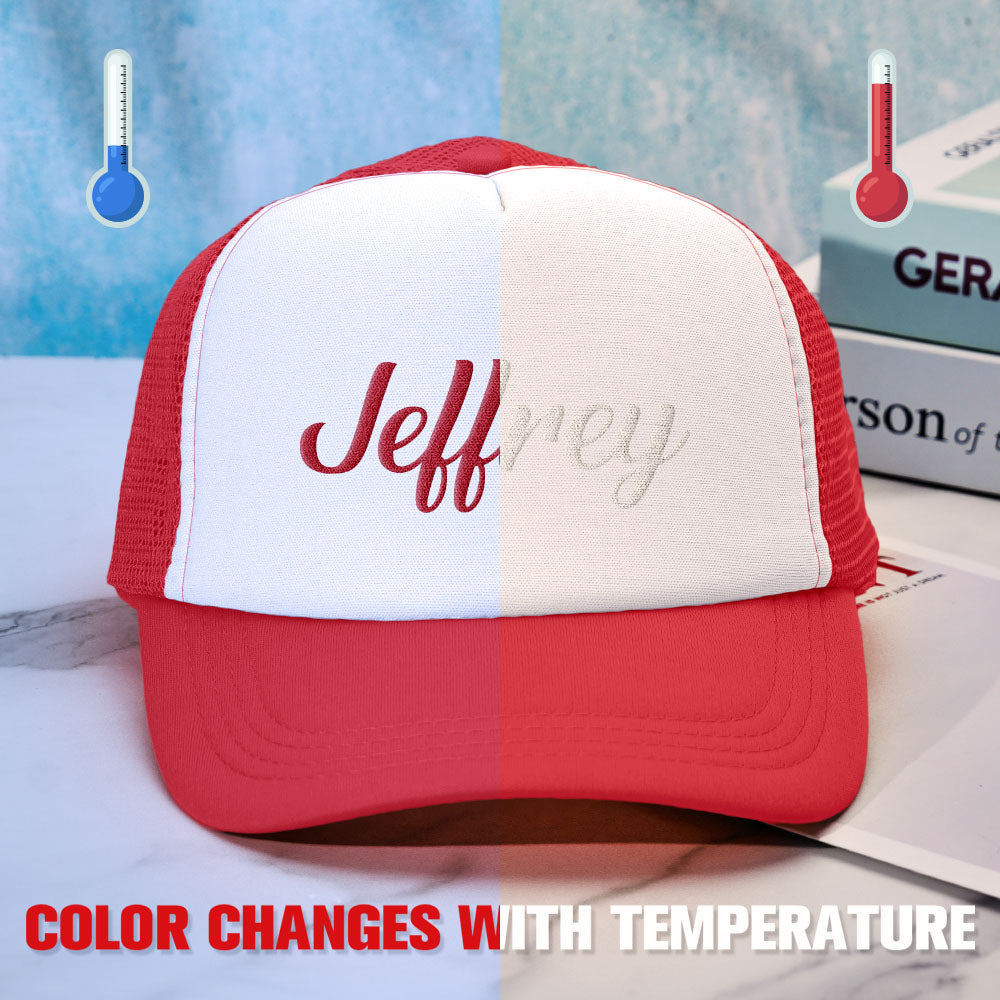 Lifestyle shot of a teen wearing a personalised temperature-sensitive puff print trucker hat — stylish personalised caps and great gifts for teens