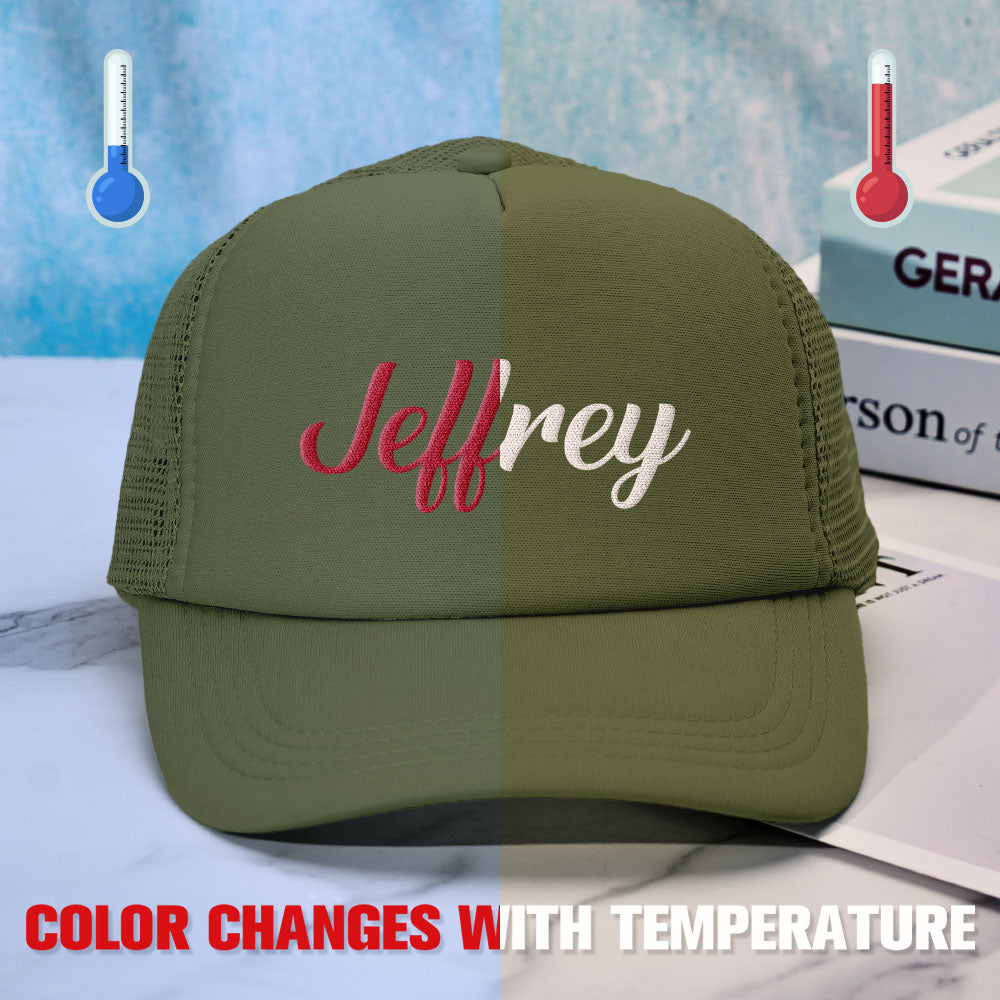 Macro shot of personalised text and image on temperature-sensitive foam, showcasing print quality for custom personalised caps