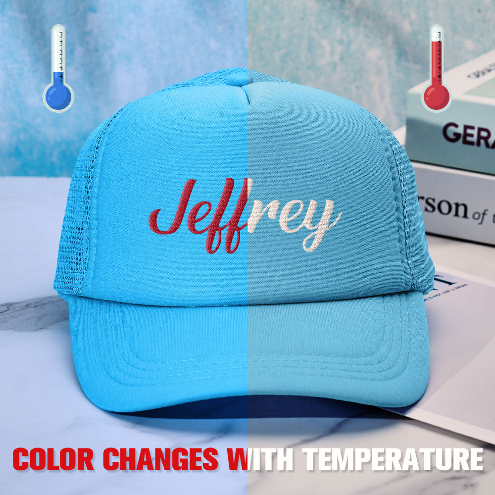 Array of personalised temperature-sensitive caps showing different colour shifts and puff print detail to illustrate customisation options