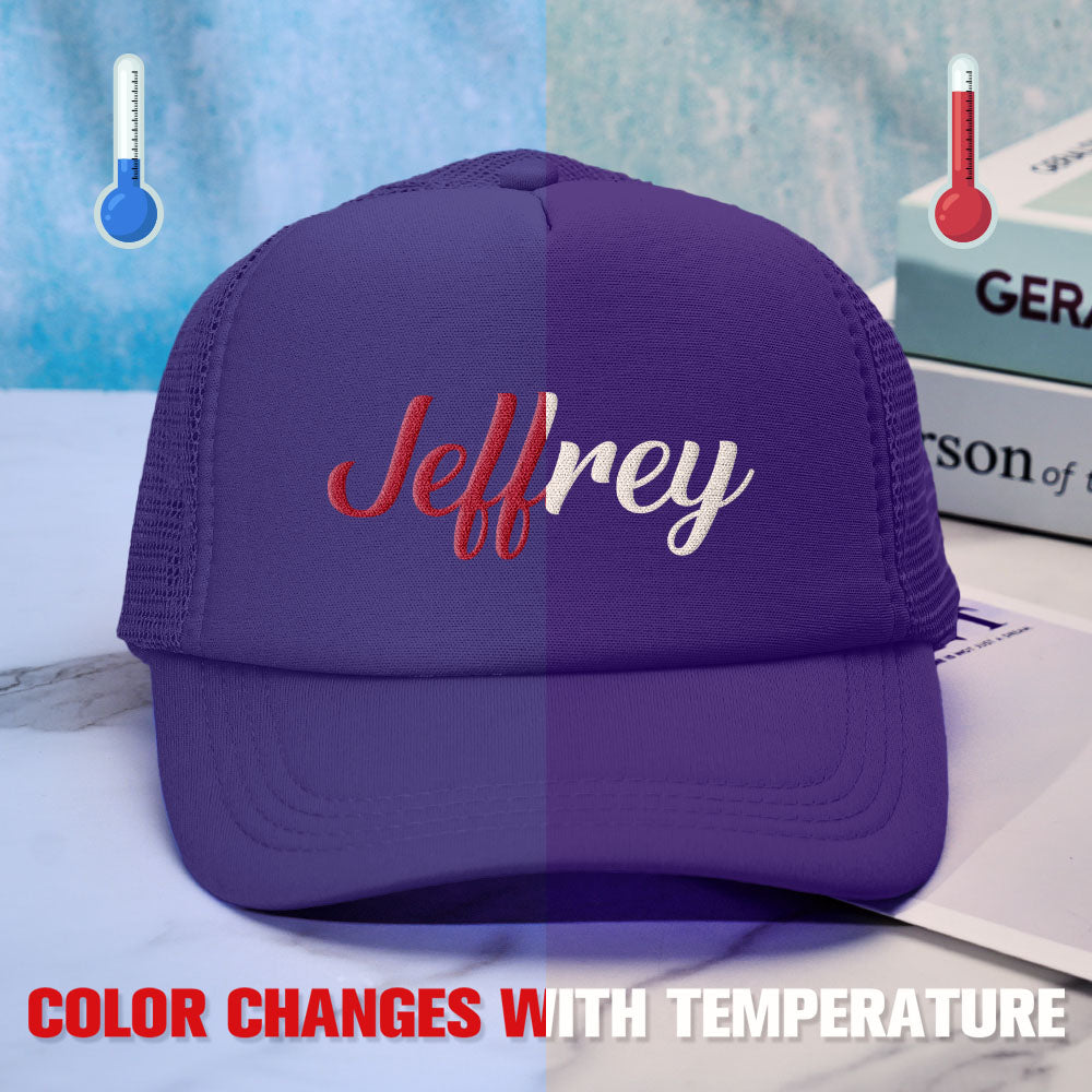 Flat-lay of a personalised temperature-sensitive cap showing the customisable area for high-resolution images, text or artwork