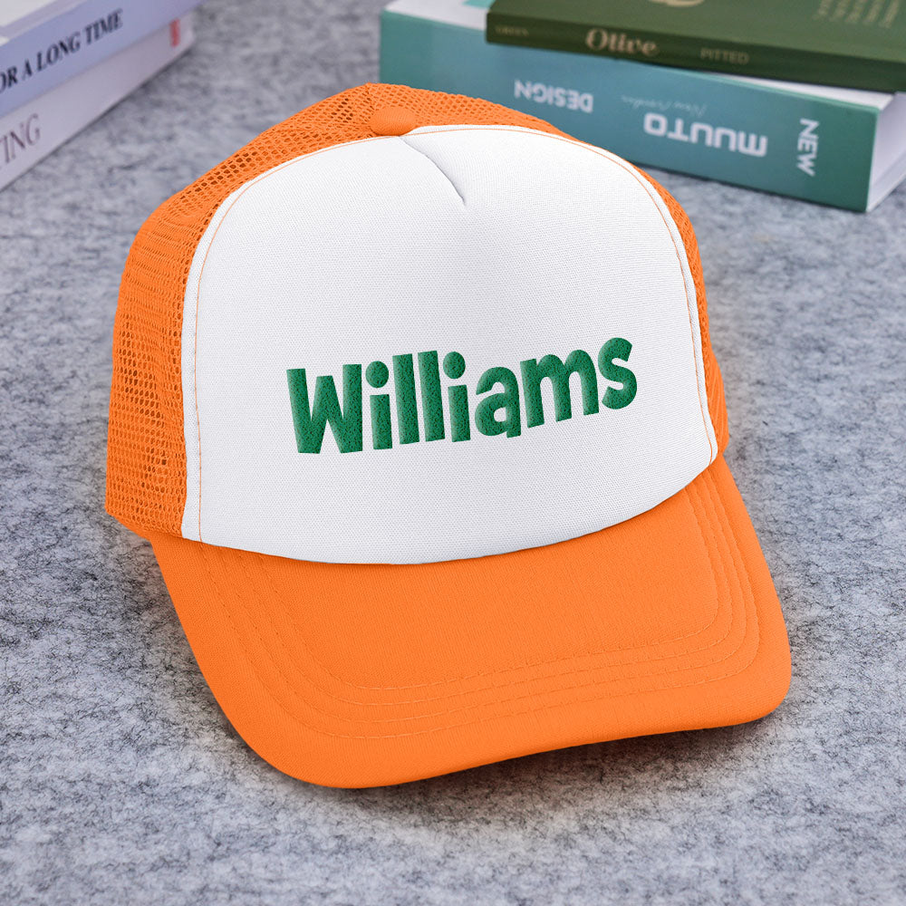 Rear view showing adjustable plastic snapback on Custom Name Foam Trucker Cap for a comfortable one-size-fits-most fit
