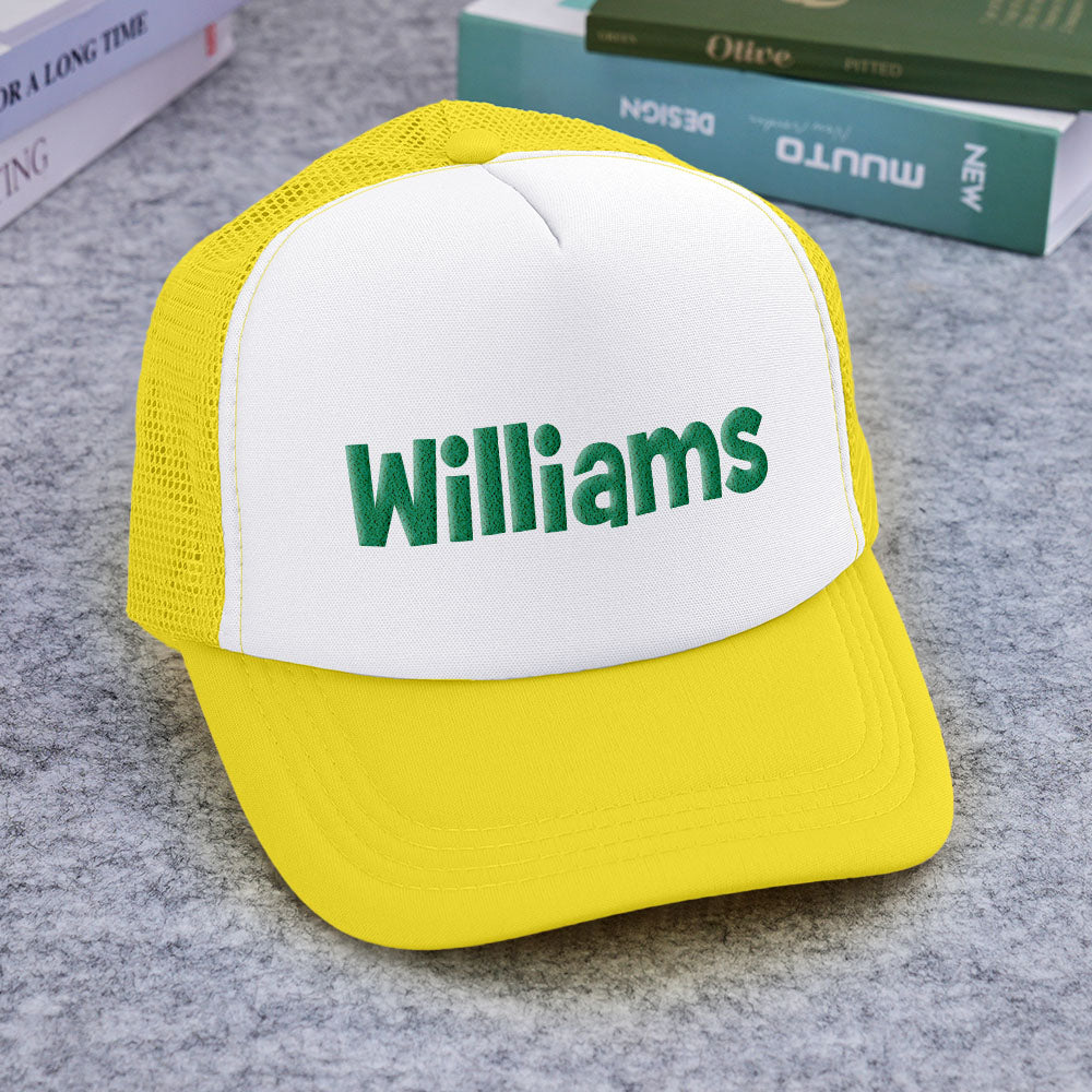 Angled product image of Personalised Puff Print Trucker Hat showing crown height and modern trucker silhouette