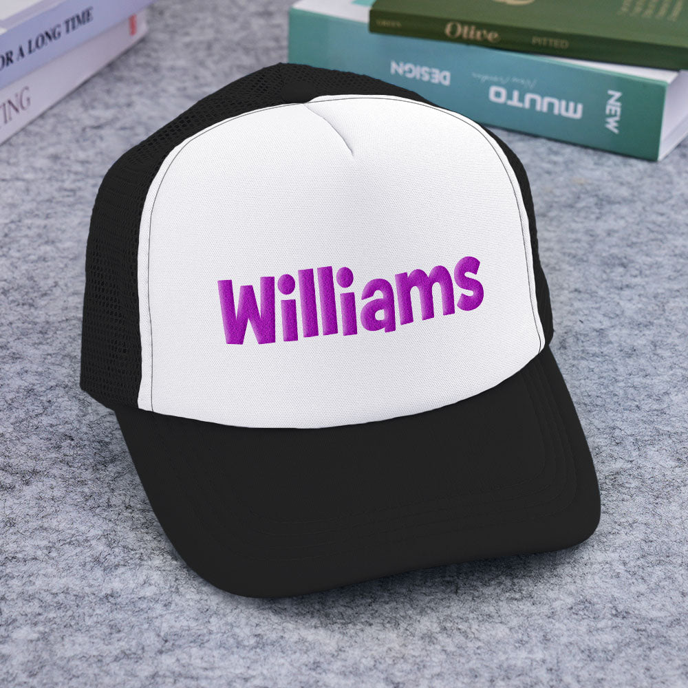 Packaged personalised puff-print trucker cap ready as a present — ideal for birthdays, Valentine’s Day and personalised celebrations