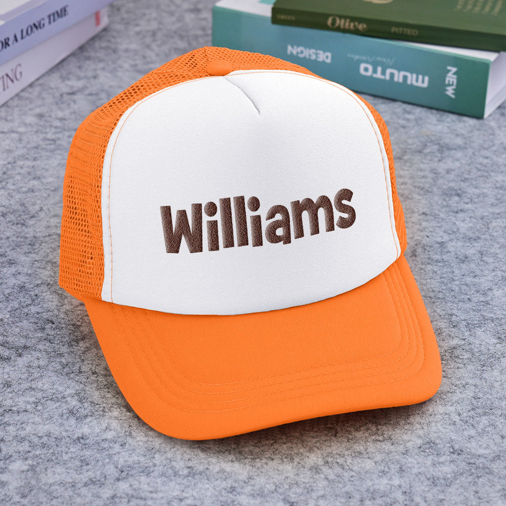 Side-on shot emphasising puff-print depth on Custom Name Foam Trucker Cap — a standout personalised name gift for friends and family