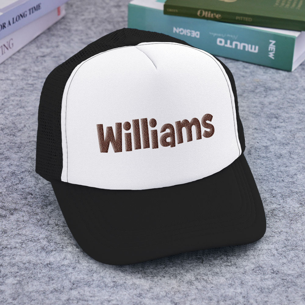 Styled product scene of Personalised Puff Print Trucker Hat paired with casual accessories for gifting inspiration