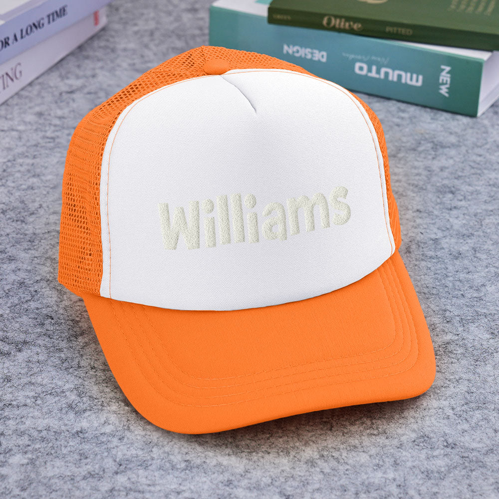 Flat-lay showing interior of cap and construction details of Custom Name Foam Trucker Cap for quality-conscious shoppers