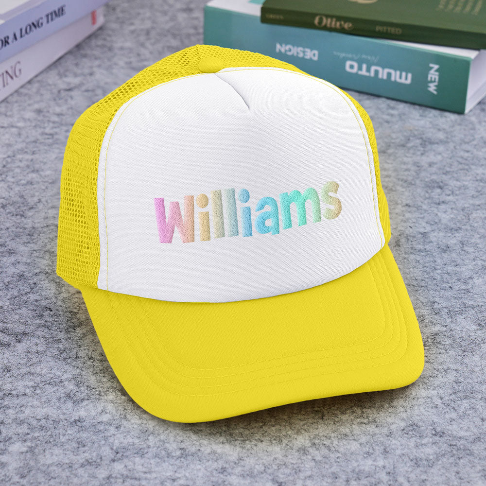 Styled scene featuring Custom Name Foam Trucker Cap as a thoughtful personalised name gift for family and friends