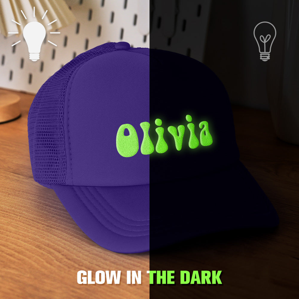 Retail presentation of personalised puff print trucker hat ready for gifting — packaged personalised foam cap ideal for engraved gift pairings.