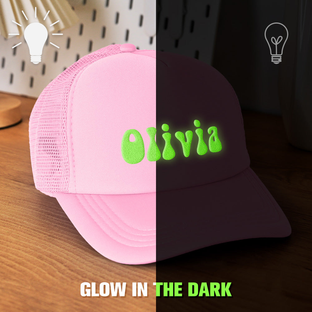 Lifestyle image of personalised Puff Print Trucker Hat styled with casual outfit — ideal personalised back-to-school or birthday gift.